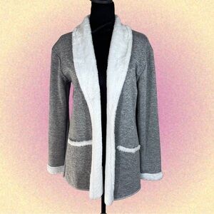 Gray Open Front Cardigan with White Faux Fur Trim Sherpa, Lined Pockets